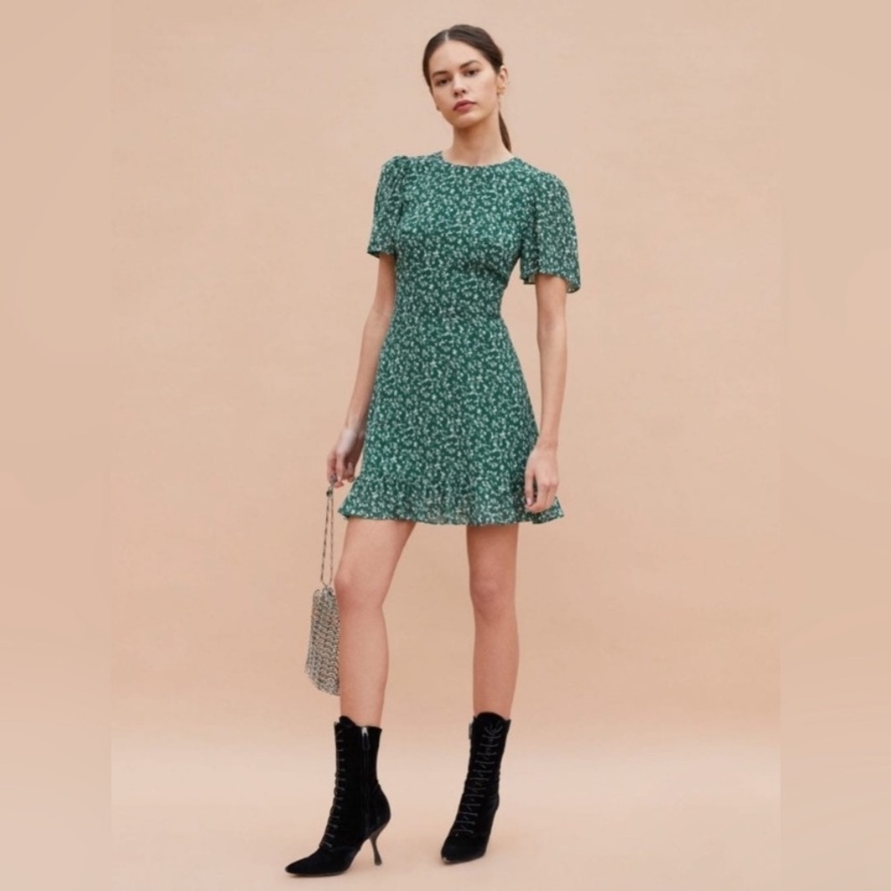 Reformation Beesley Ditzy Floral Parsley Green Chiffon Ruffle Dress Size 8